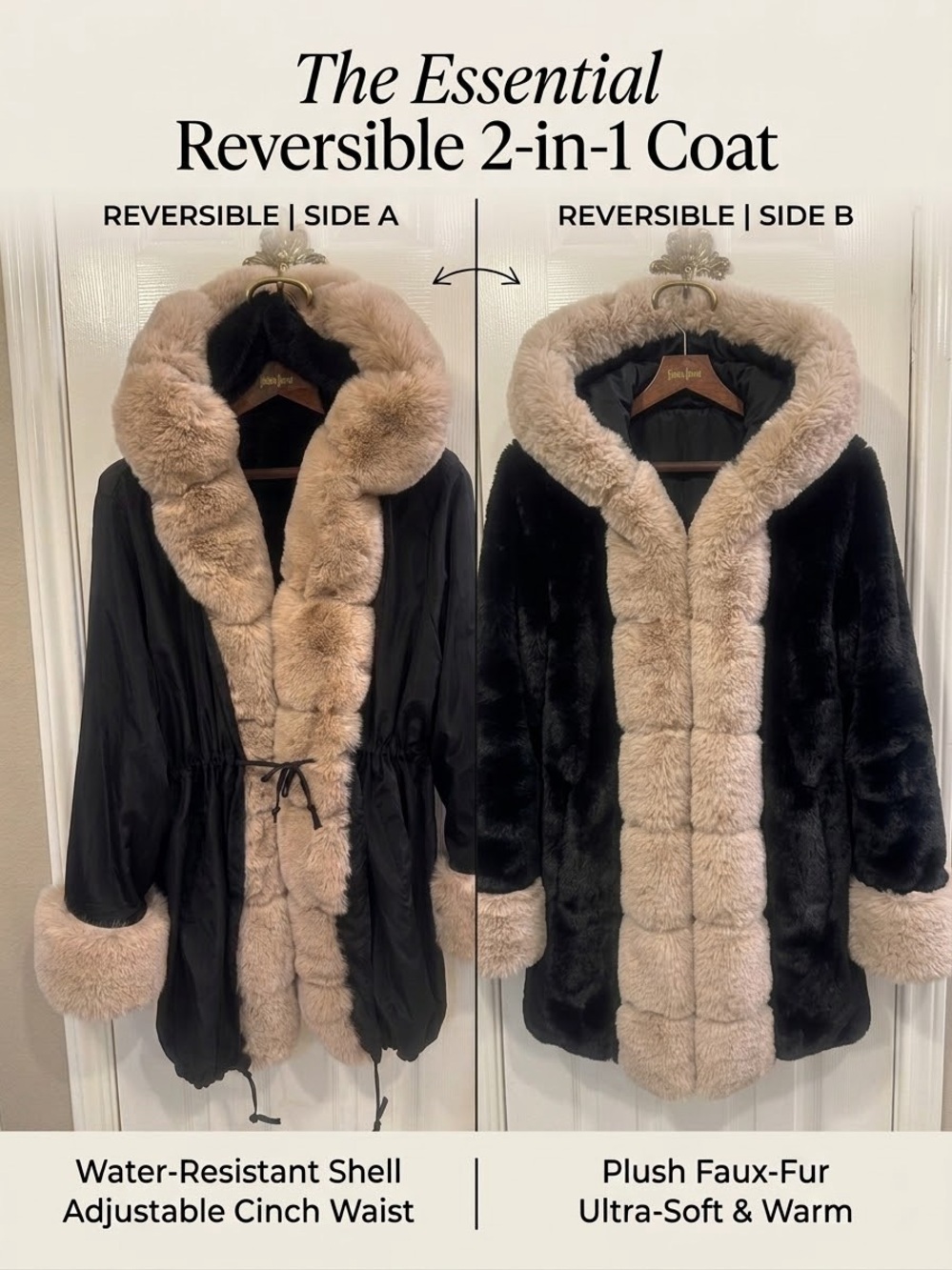 Gorgeous Reversible Faux Fur Coat Black Beige Oversized 18/20 to 22/24 2-in-1